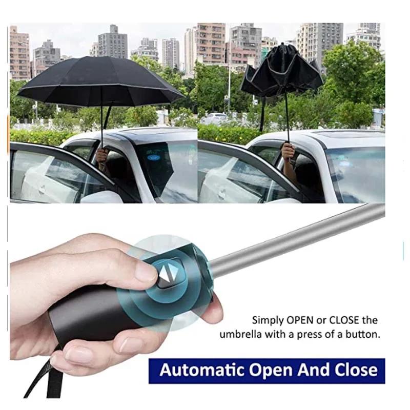 Automatic Reverse Folding Umbrella with Reflective Stripe Windproof UV Protection Large Travel Parasol
