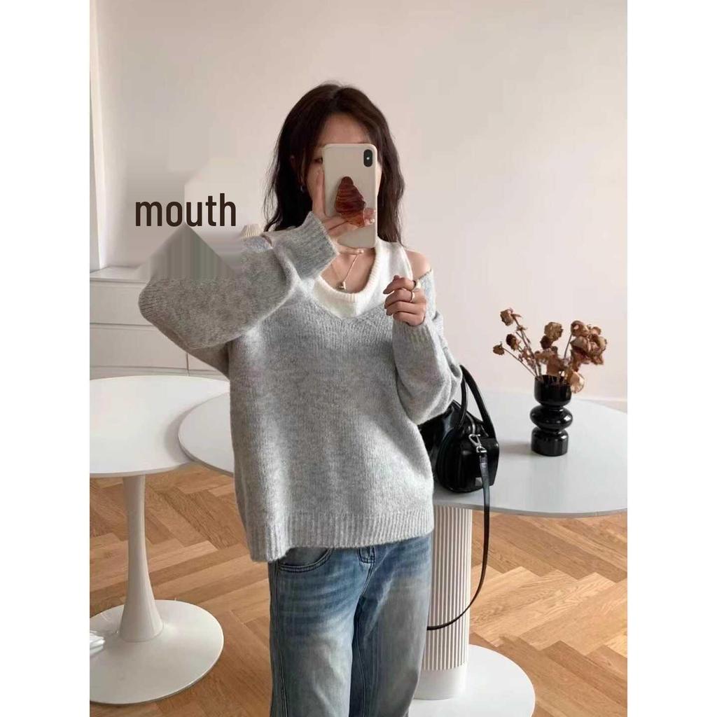 2024 Women's Elegant V-Neck Pullover Sweater & Korean-Style Vest Two-Piece Set for Autumn/Winter