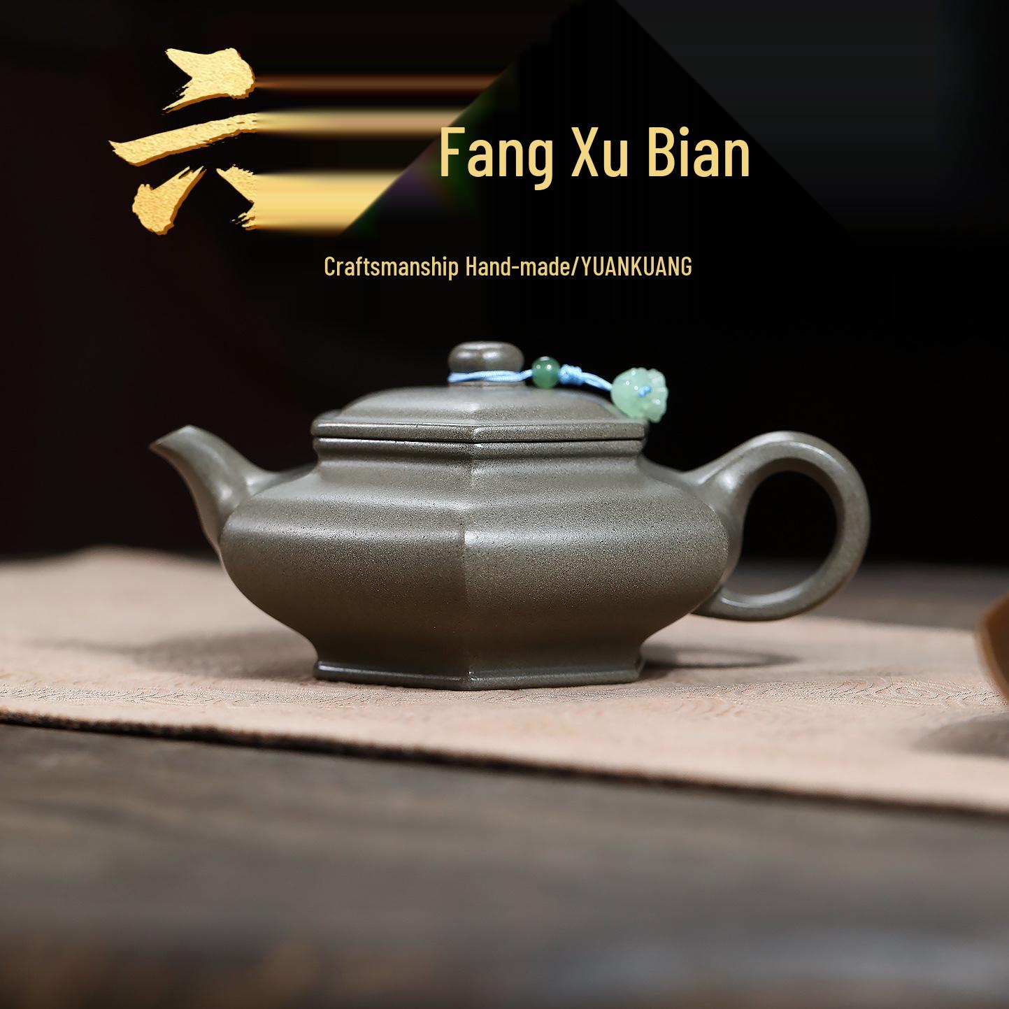 Hexagonal Flat-Bottomed Yixing Purple Clay Teapot - Ash-Green, Handmade Kung Fu Tea Set 250ml
