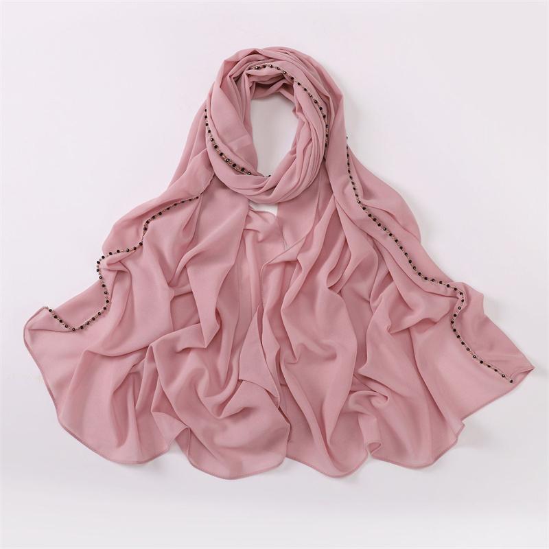 Plain Gold Ball Pearl Chain Bubble Chiffon Instant Shawls Scarf Lady High Quality Beach Stole Bufandas Muslim Hijab 175*70Cm