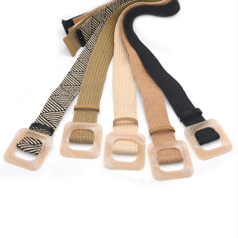 Summer Women Braided Belt Square Wooden Buckle Vintage Boho Straw Woven Belt