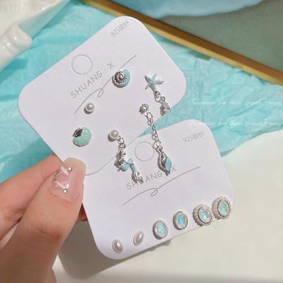 Ocean Fresh Mermaid Princess Silver Stud Earring Set for Women - Conch & Starfish Designs, Exquisite Summer Niche Jewelry
