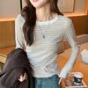 Round Neck Striped Patchwork Base Shirt for Women