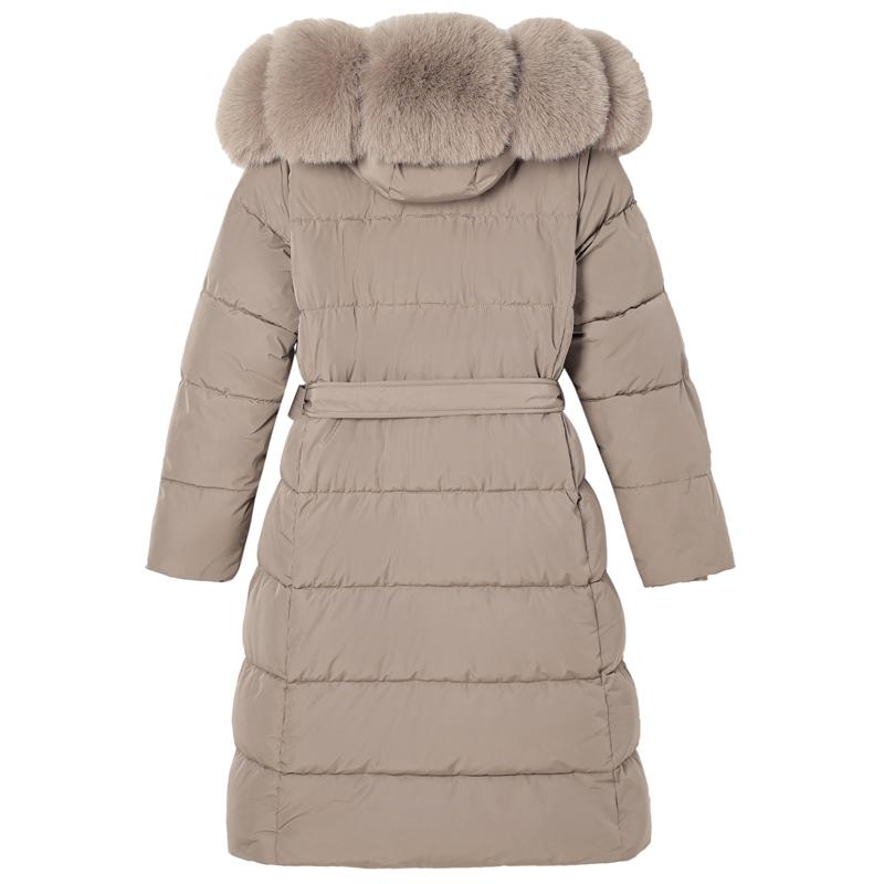 Dam Vinter Långa Kappor Med Huva Stor Fuskpäls Krage Elegant Tjock Varm Vinterparkas Kvinnlig Jacka Med Bälte