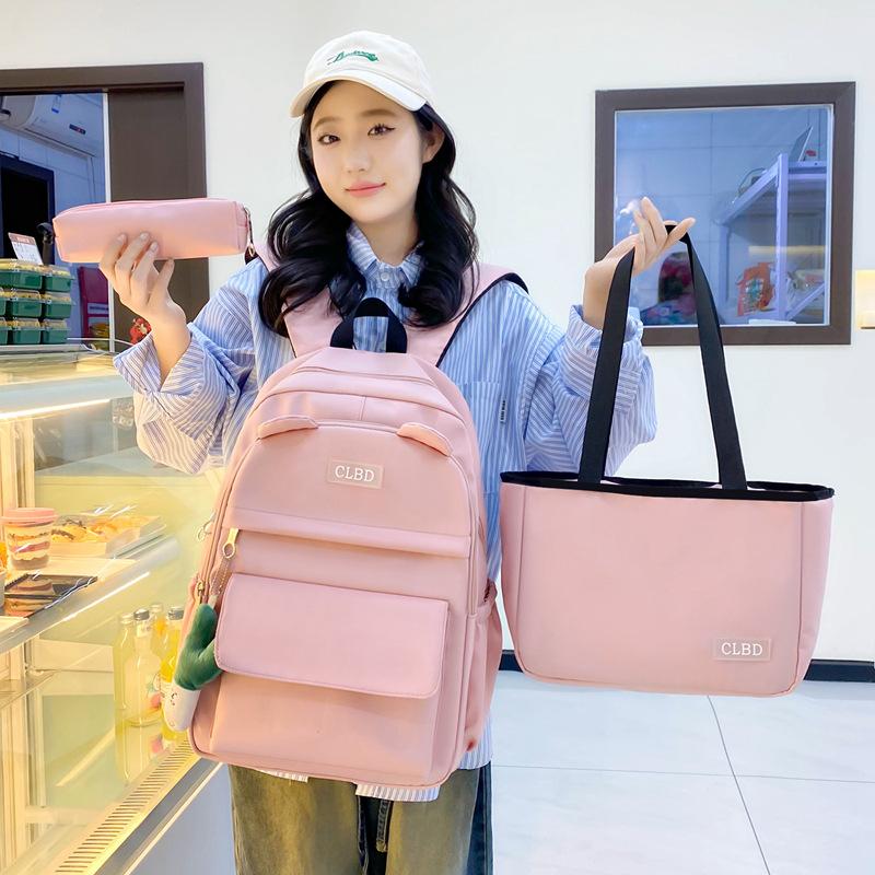 Three-Piece Backpack Set Solid Color Student Schoolbag Women Large Capacity Lightweight Computer Backpack