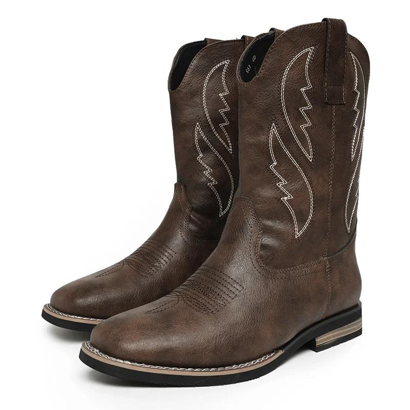 

Мужские классические ковбойские сапоги в стиле ретро, мужские модные кожаные сапоги до середины голени с вышивкой, повседневная обувь с высоким берцем для мужчин 2025 г. 39 коричневый