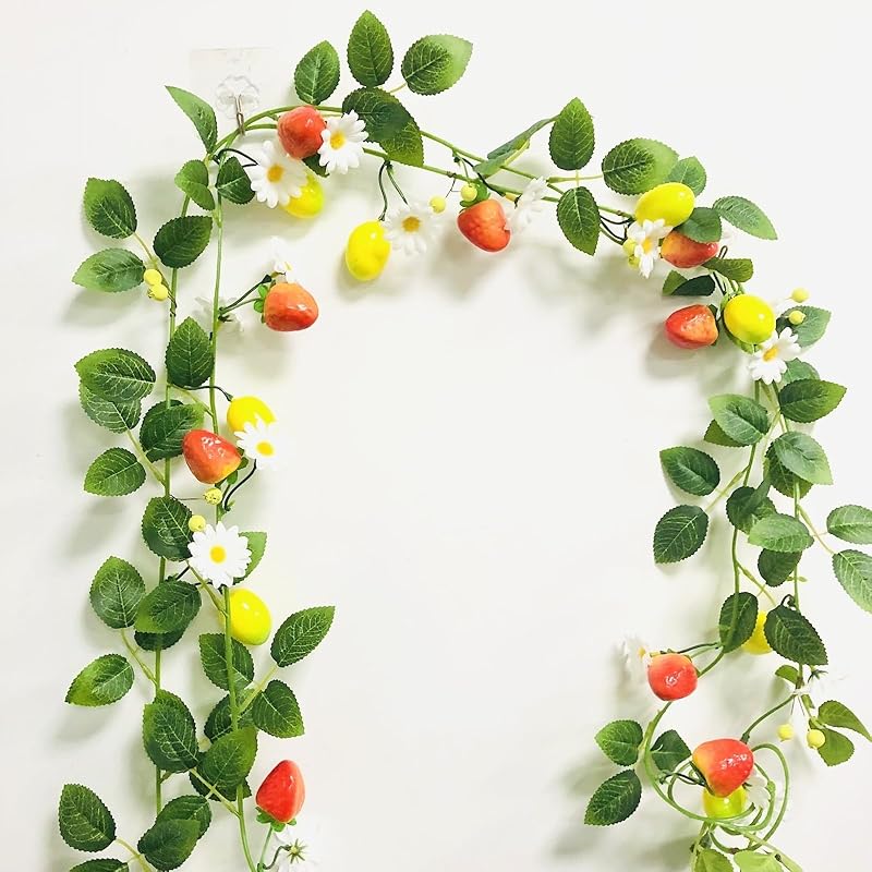 Artificial Lemon Rose Vine Garland,Artificial Fruit Flower Greenery Vine for Front Door,Wall,Home,Wedding,Christmas Decoration (Lemon+Rose) Lemon+Strawberry