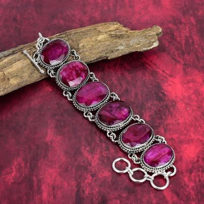 Kashmiri Red Ruby Gemstone Jewelry, 925 Solid Sterling Silver Bracelet, Handmade Magnificent Red Ruby Bracelet, For Engagement Gift