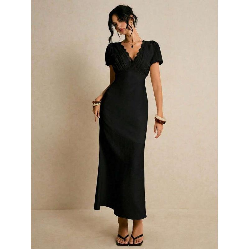 European and American 2026 Summer New Floral Lace Vacation Elegant Floral Short Sleeve Long Dress XS чёрный