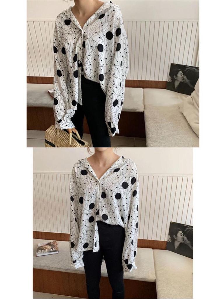 Retro Hong Kong Style Women's Print Blouse - 2025 Spring/Autumn Collection, Loose Fit, Lazy Style Shirt