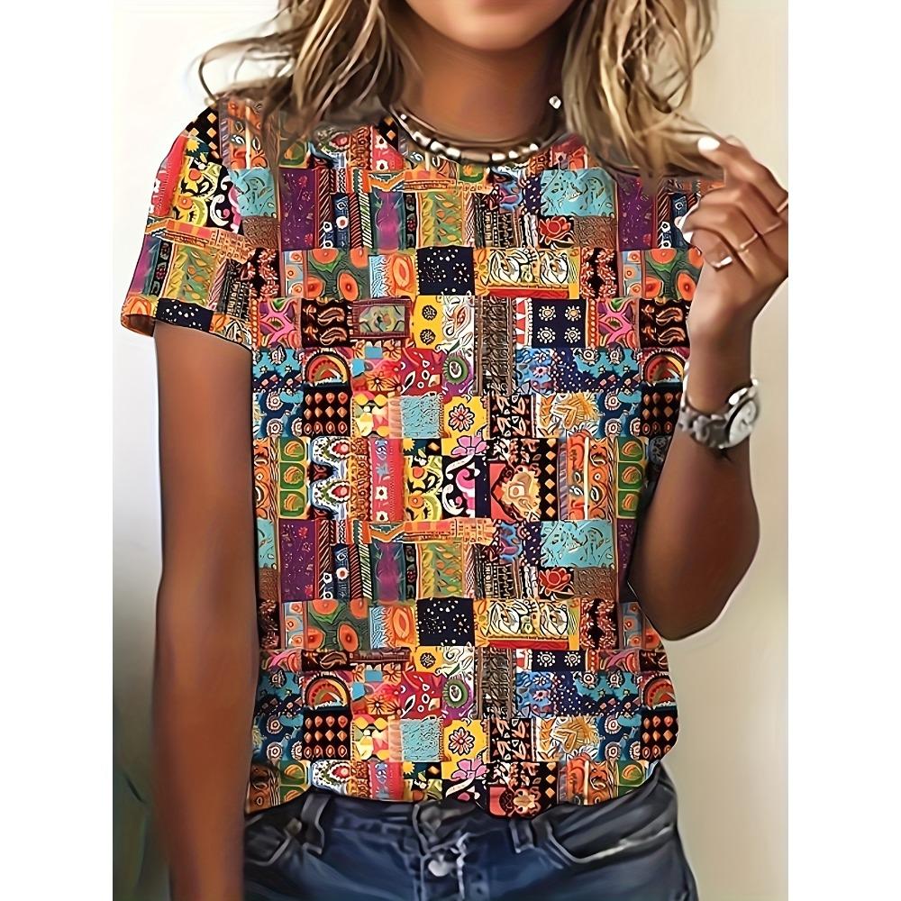 Яркая женская футболка в стиле пэчворк 2XS
