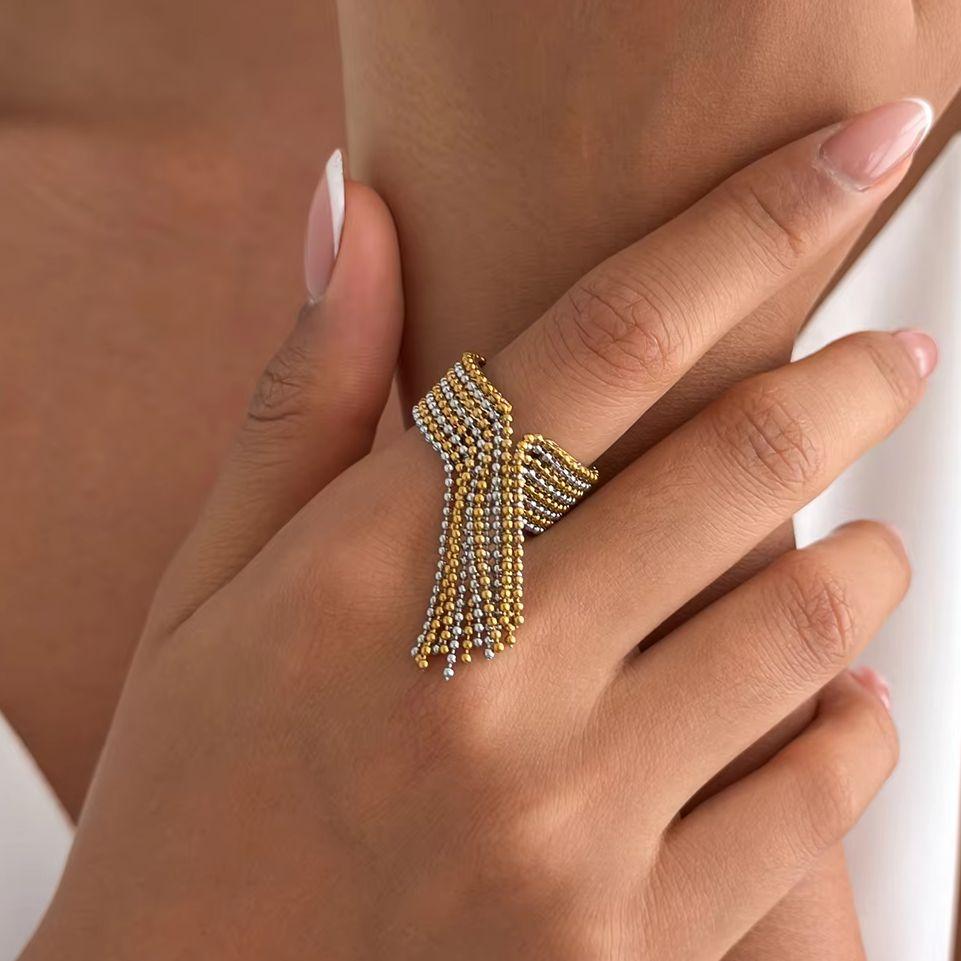 Kunjoe Fashion Stainless Steel Long Tassel Chain Open Rings For Women Charm Hip Hop Geometric 18K Gold Plated Wide Ring Jewelry