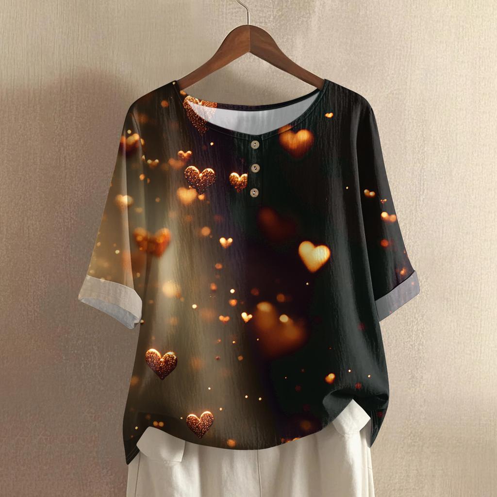 Damska casualowa i wygodna bawełniano-lniana bluzka z okrągłym dekoltem, średniej długości, z modnym nadrukiem