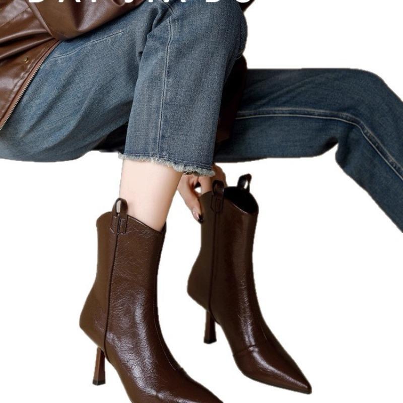 High-heeled stiletto shoes women's autumn and winter new stiletto women's short boots rear zipper leather boots pointed brown slim boots