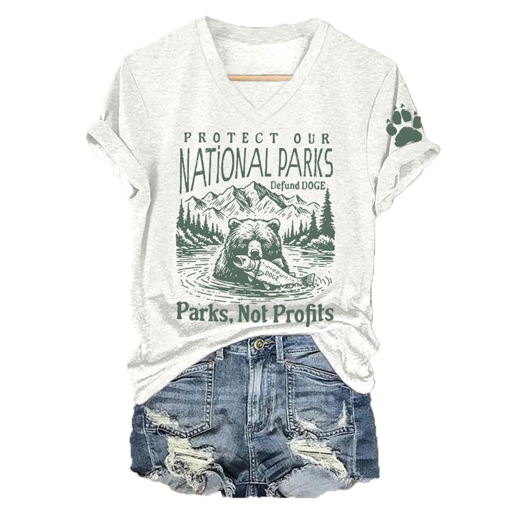 Summer V-neck 3D Letter Bear Printed Top Fashionable Casual Short Sleeved Women's T-shirts