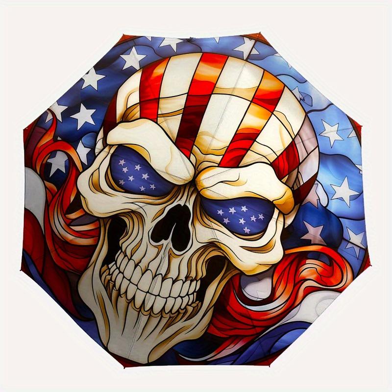 American Flag Skull Umbrella, Portable 3-Fold Compact Umbrella,Christmas Gift E