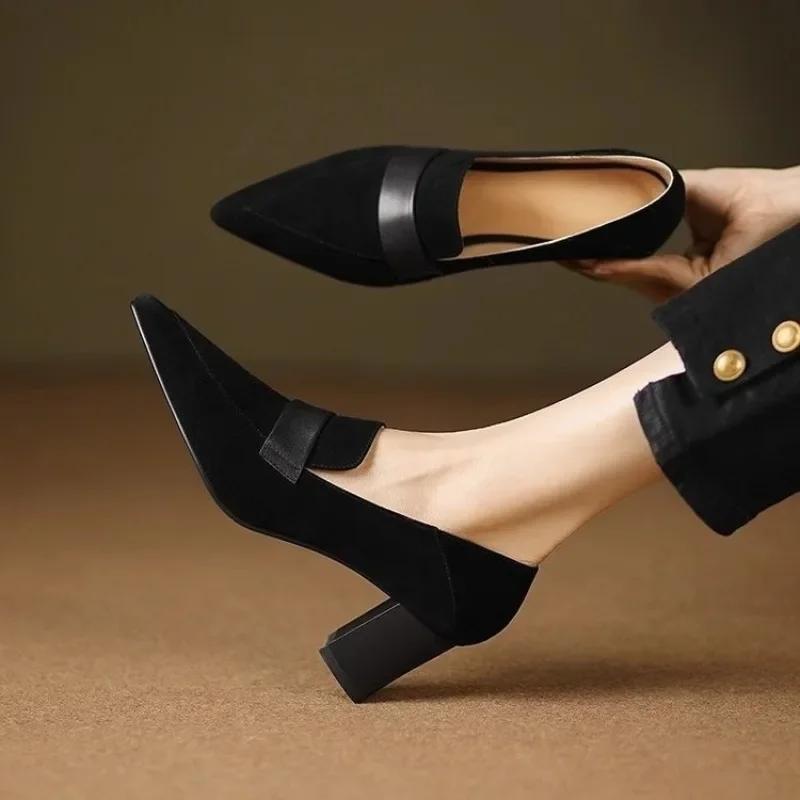 Pointed Toe Women Pumps Autumn Thick High Heeled Loafers Suede Black British Retro Slip on Dress Party Heels for Woman Zapatos