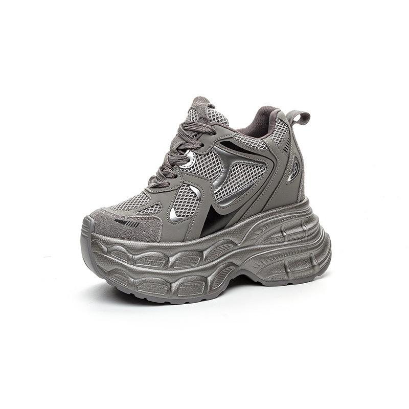 12 inner height-increasing sports shoes women's spring new leather splicing breathable and comfortable casual platform dad shoes