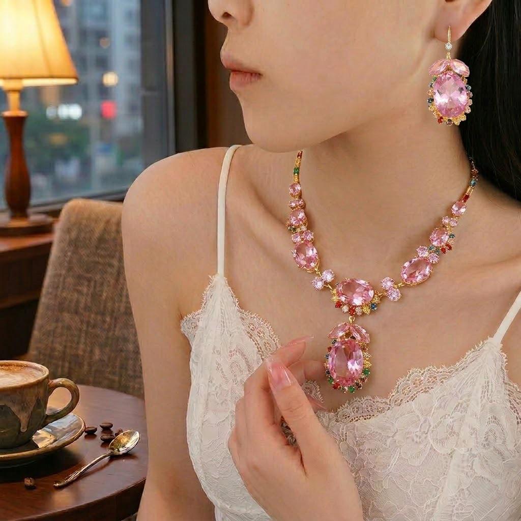 European & American Style Zircon Pink Flower Necklace & Earrings Set