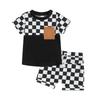 Toddler Boy Summer Clothes Checkerboard Print Short Sleeve T-Shirt with Elastic Waist Shorts 2Pcs Outfit