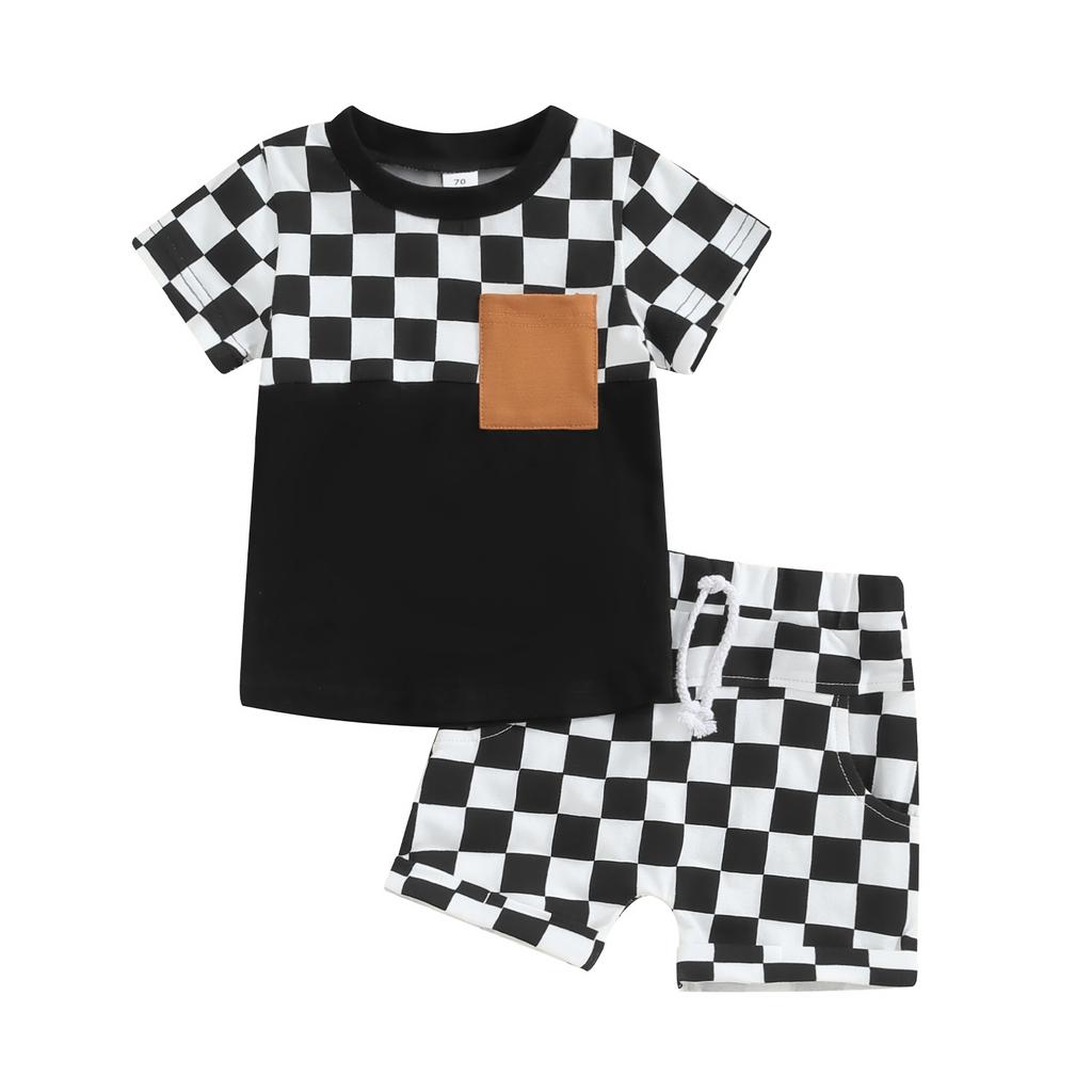 Toddler Boy Summer Clothes Checkerboard Print Short Sleeve T-Shirt with Elastic Waist Shorts 2Pcs Outfit
