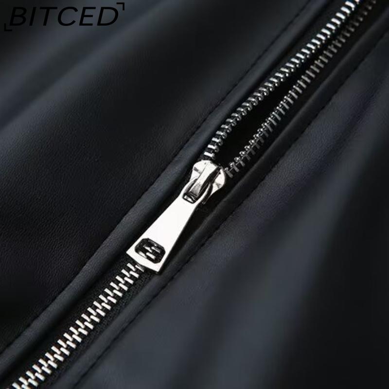 BITCED Women's Fall/Winter Plus Size Fashion Collared Leather Jacket with Slanted Pockets