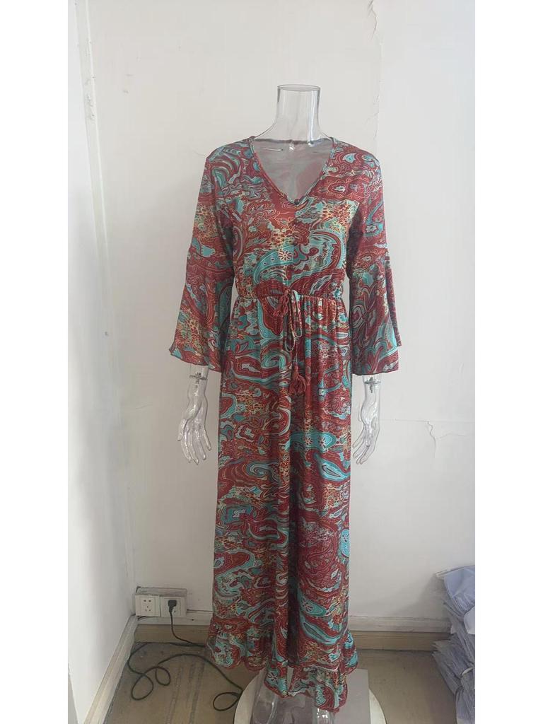 Bohemian Bell Sleeve V-neck Floral Vacation Maxi Dress