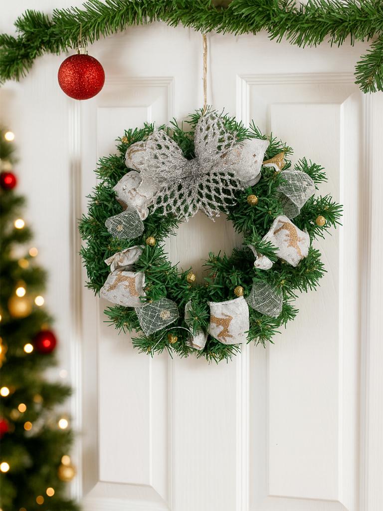 Weihnachtskranz mit Schleifen- und Glockendekor, künstliche grüne Kränze für Haustür, Wand, Weihnachtsbaum & festliche Heimdekoration Geschenk