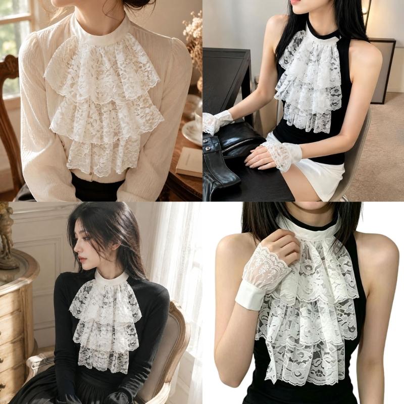 White Lace False Collar and Cuffs Sleeves for Women Girl, High Neck Ruffle Collar Decorative Accessory for Costume Styling, Stage Show Layering