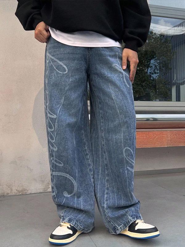 Men's Retro Letter Print Wide Leg Jeans - Artistic High Street Style
