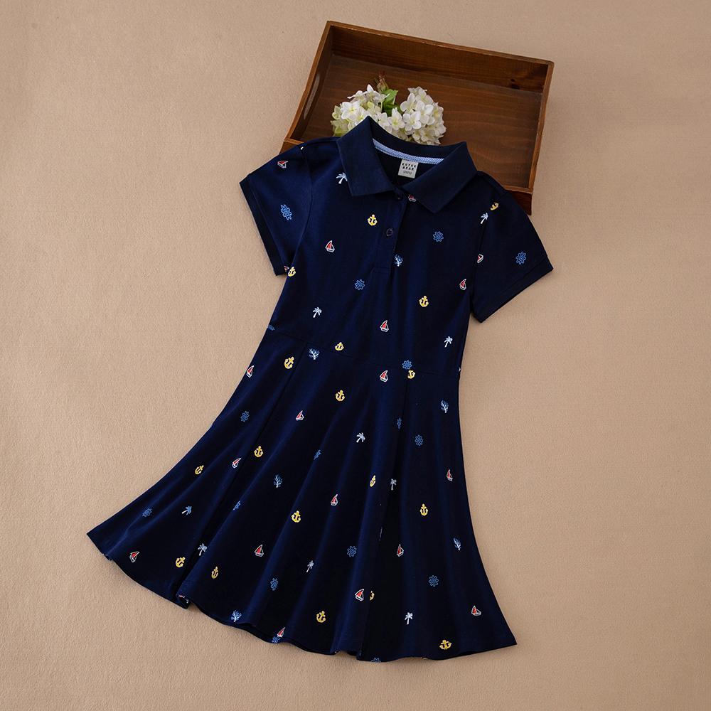 

Платье-поло для девочек с морским принтом, с коротким рукавом, А-силуэта, детское повседневное платье для 5-12 лет, детская одежда 140 темно-синий