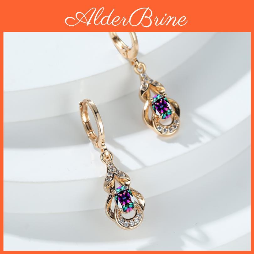 Ethnic Style Bohemian Vintage Gold Color Water Drop Earrings Oval Cut Multicolor Stone Drop Earrings Women Dangle Hook Earrings Jewelry