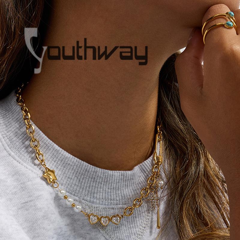 Youthway Y2K Patchwork Chain Design Stainless Steel Necklace Paperclip + Glossy Pentagram Cross with Zirconia Pendant Necklace
