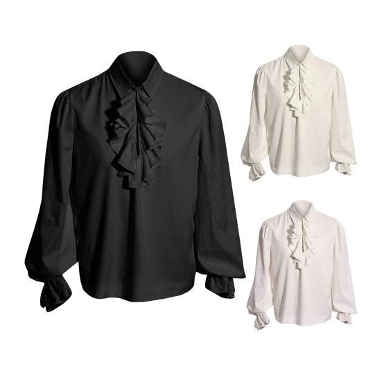 Men Performance Shirt Ruffle Turn-down Collar Long Sleeves Solid Color Lantern Sleeves