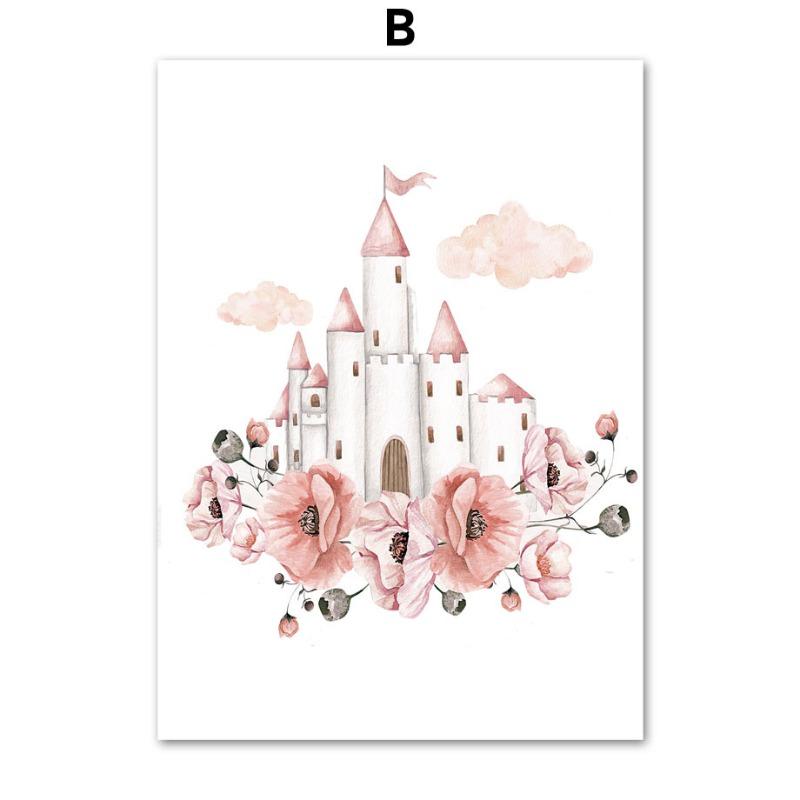 Rosa Engel Mädchen Sonne Mond Wolke Schwan Schloss Wandkunst Kinderzimmer Leinwand Malerei Nordische Poster Drucke Bilder Baby Kinderzimmer Dekor