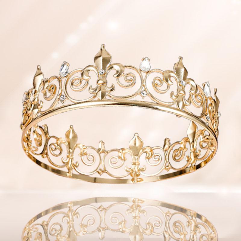 Baroque Fashion Alloy Crystal Crown Men's Full Round Crown Birthday Party Prom Men's Crown Tiara Crown