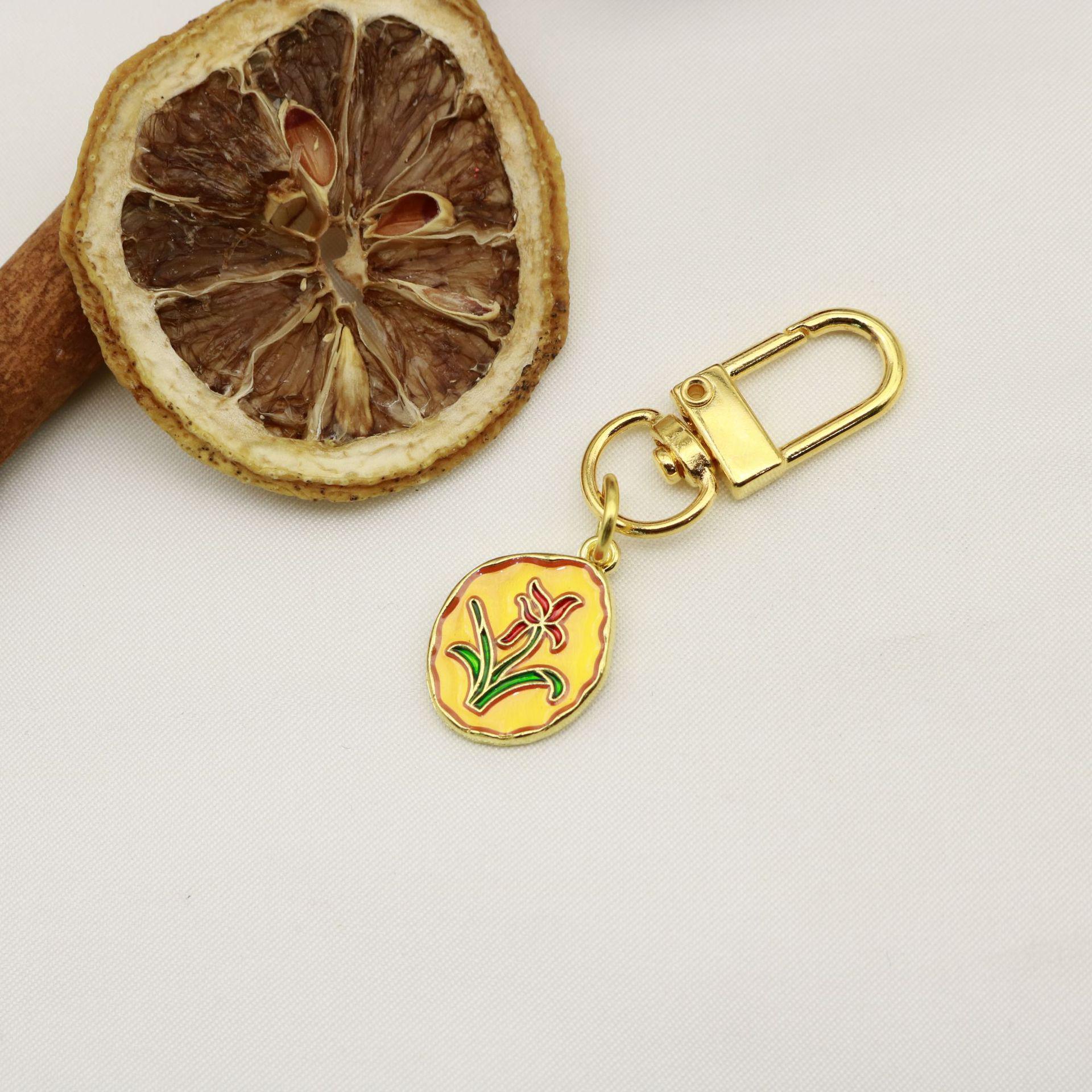French Retro Luxury Enamel Keychain: Monet Garden Floral Oil Painting Design