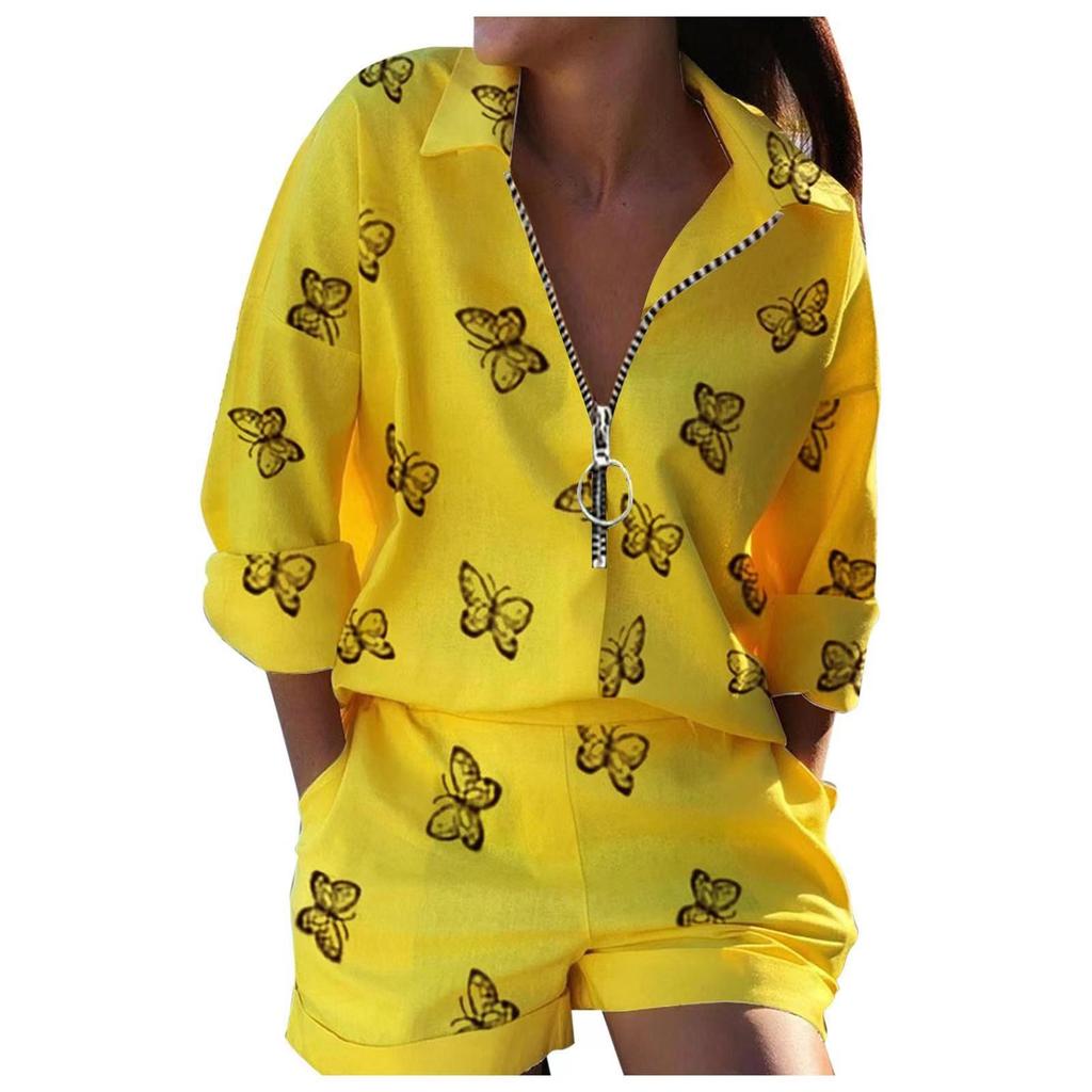 Women's Fashion Casual Printed Long Sleeves  Tops Shorts Pants Suit