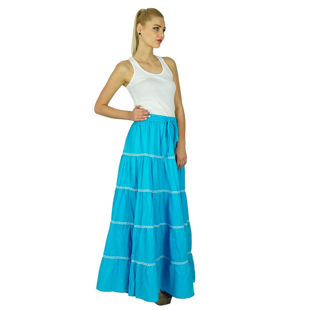 Bimba Damen Langer ausgestellter Baumwollrock Boho Maxi Unterteil Elastische Taille