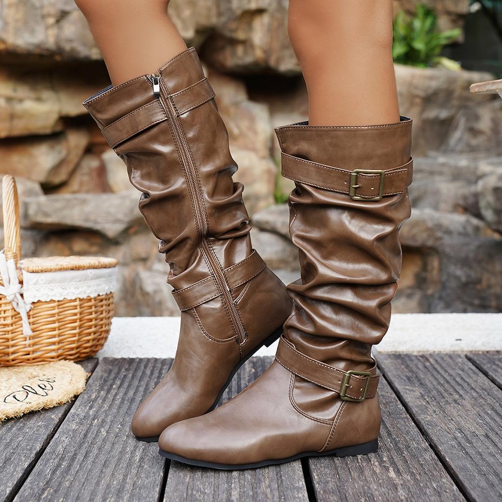 Fashion Women Flat Boots Brand Designer High Boots Autumn Winter Slip On Mid-Calf Shoes for Women Fashion Pleated Leather Ankle Boots