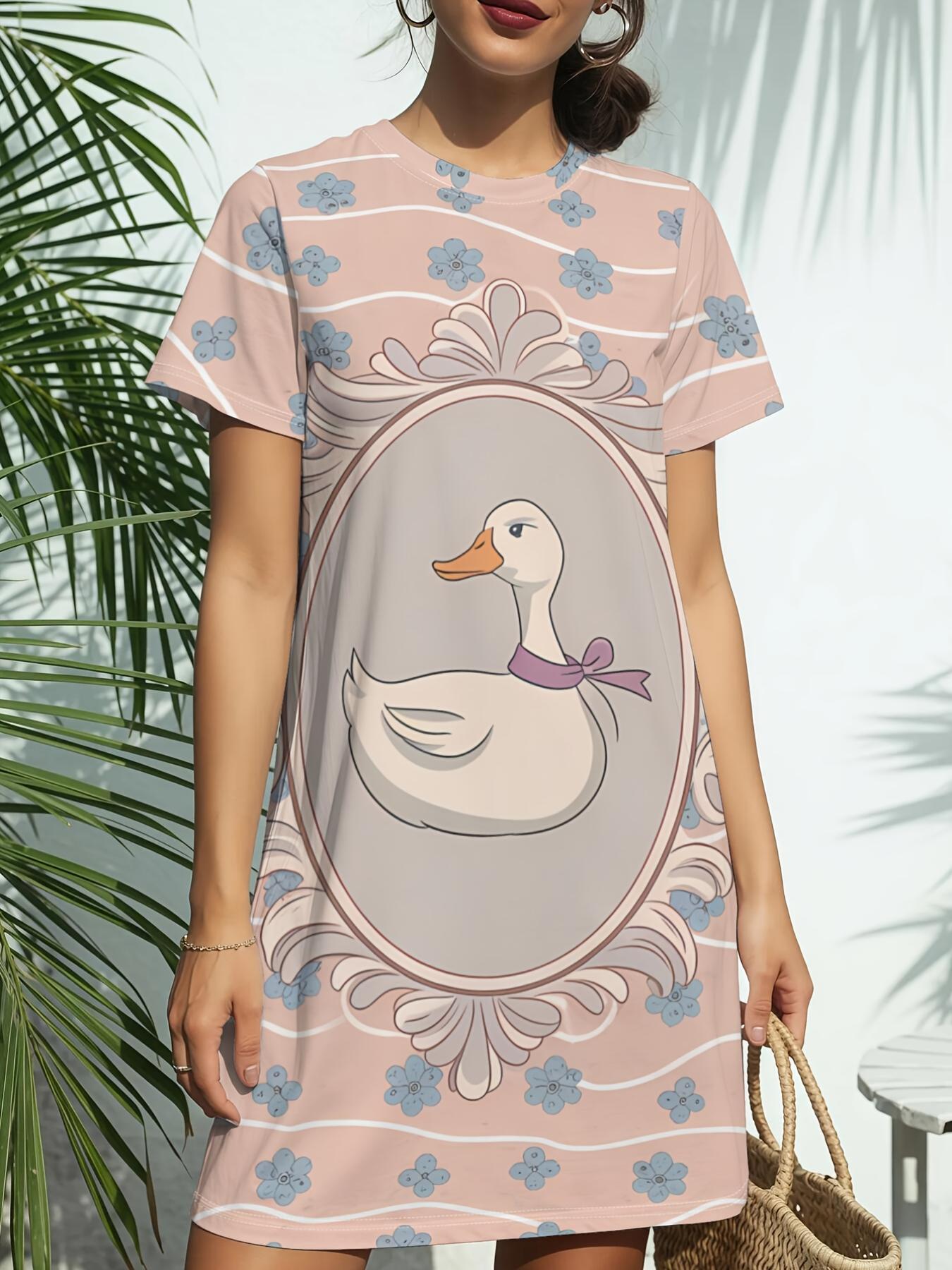 

Swan ; Lace Women s Short Sleeve T-Shirt Dress - Crew Neck -Line Dress with Swan Print. Spring Summer Casual Blouse Dress Suitable for Daily Wear. Gif 9XL