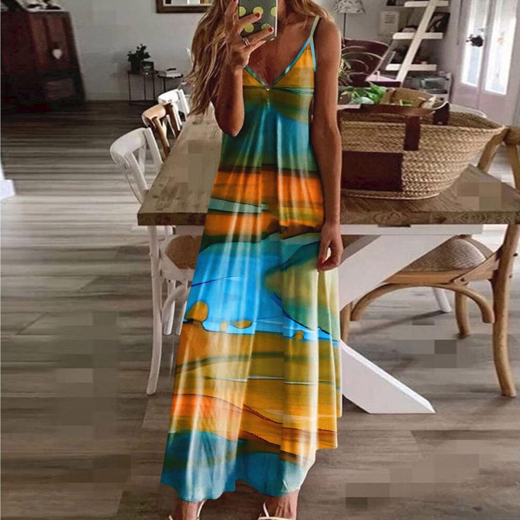 Casual Fashion Women's Sling Slim Fit Slim Long Swing Sleeveless Print Dress