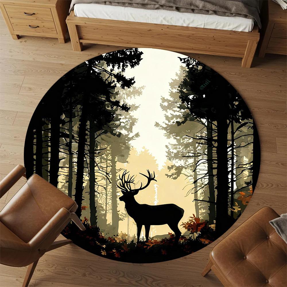 1pc Deer Forest Round Chair mat office Area Rug - Non-Slip, Floor Mat for Office, Bedroom, Ideal home decor gift c0112149