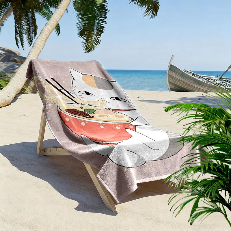 Noodle-Eating Kitten 2D Flat Print Beach Towel, Large Soft Quick Dry Towel for Beach Camping Swimming.MSTJ0918273