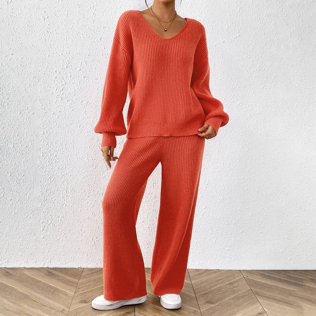 Women's  Casual Fashion Woolen Knitting Set V-Neck Loose Top + Solid Color Wide Leg Straight Pants Sweater Two Piece Set