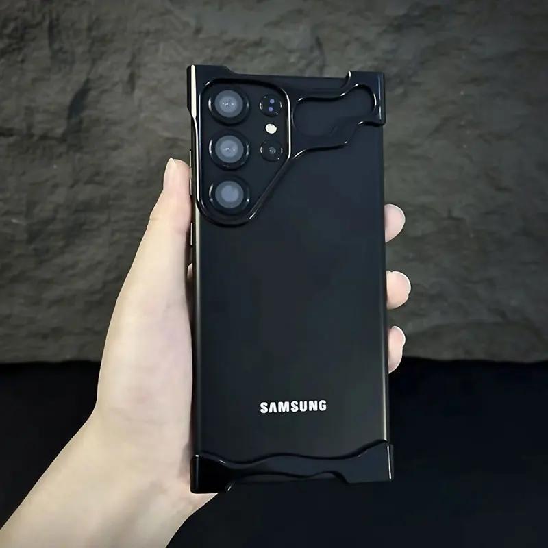 Irregular Metal Case with Lens Film Protection for Samsung S23 S24 Ultra Plus/iphone 15 14 13 12 Pro Max/Xiaomi 14 Pro Bare Aluminum Shockproof Bumper