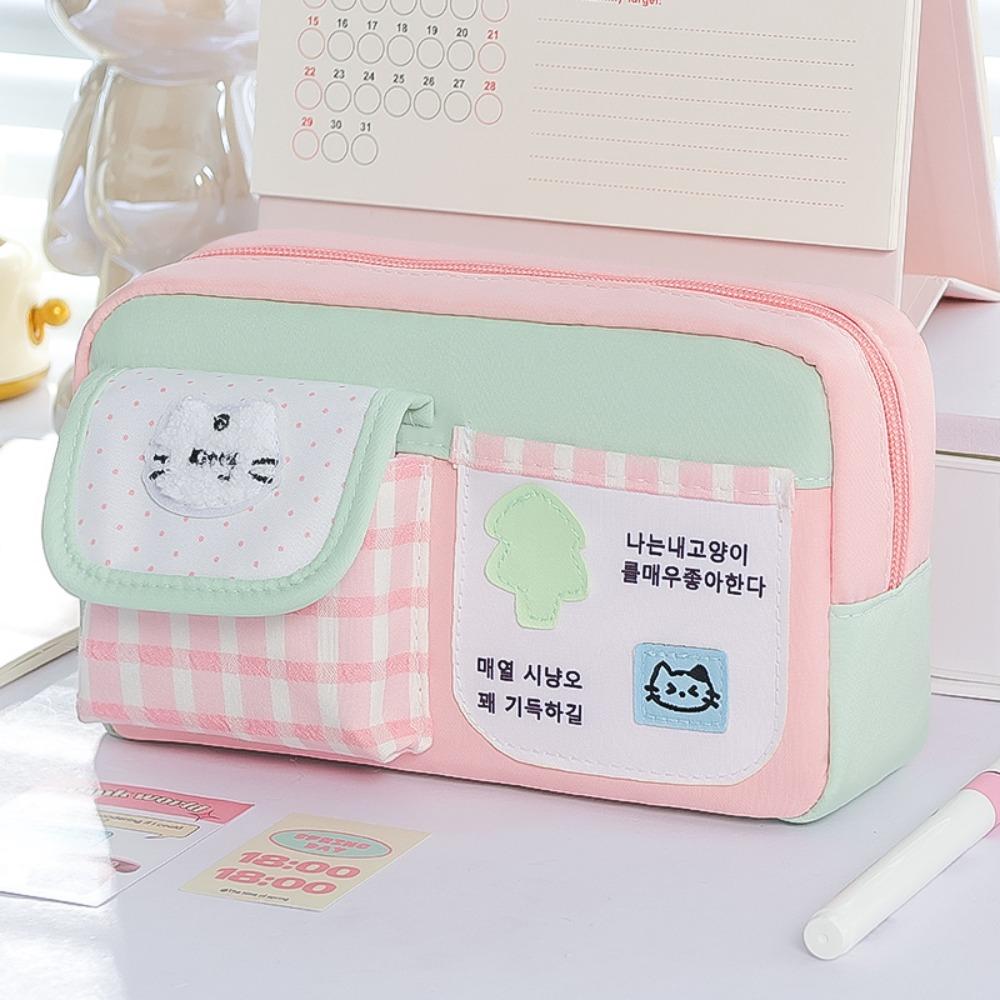 Cute Kitten Pencil Case Color-blocking Stationery Pouch Multi-functional Pen Bag  School Supplies