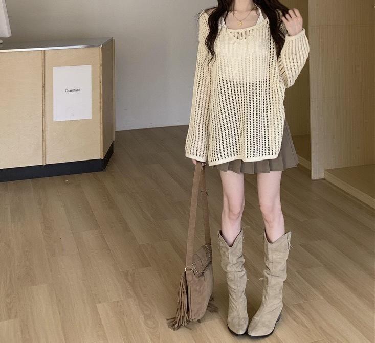 Women's Summer Hollow Mesh Knit Top - Loose Fit, Long Sleeve, Sun Protection