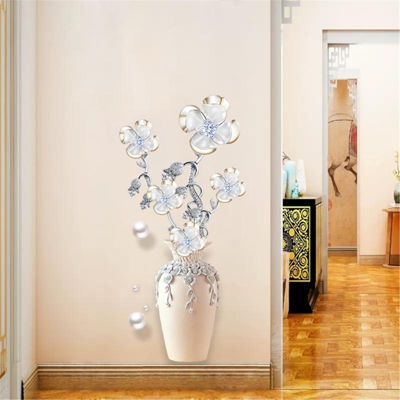 Elegantní 3D Vzor Květinové Vázy Odnímatelná Samolepka na Zeď Bez Zbytků Lepidla PVC Nálepka Pro Dekoraci Obývacího Pokoje Ložnice