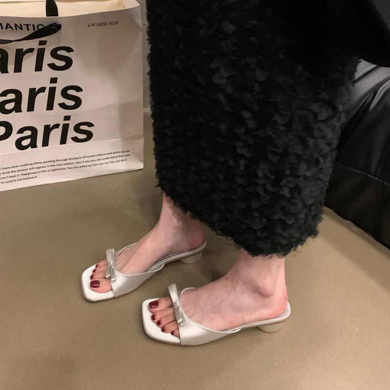 Designer Open Toe Low Heel Women Slippers Cute Butterfly-knot Dress Slides 2026 Summer Women's Vacation Shoes